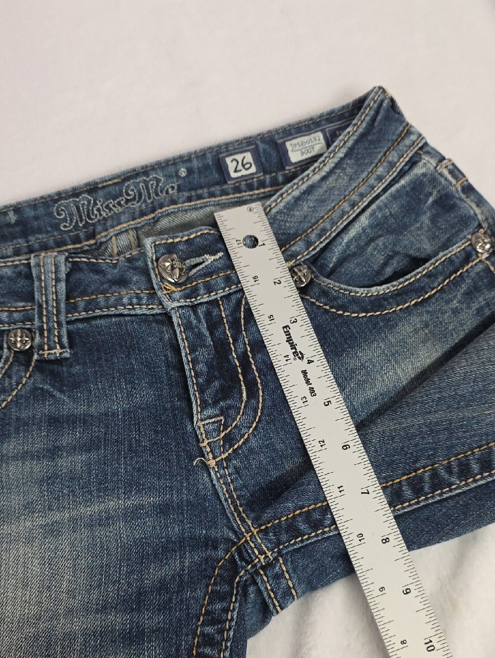 Miss Me Blue Denim Embroidered Bling Low Rise Bootcut Jeans Size 26 - Picture 11 of 11